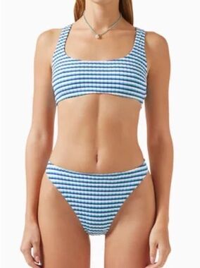 SOLID & STRIPED Jayden Blue, Teal and White Striped ribbed Bikini Top